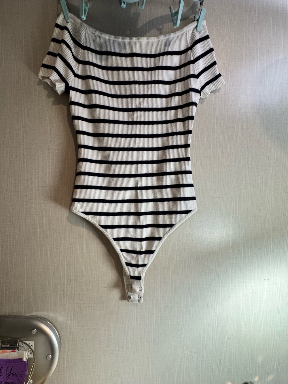 Sweet Ran Y2K Ribbed Striped Bodysuit | Black & Cream | Fitted Short Sleeve | L